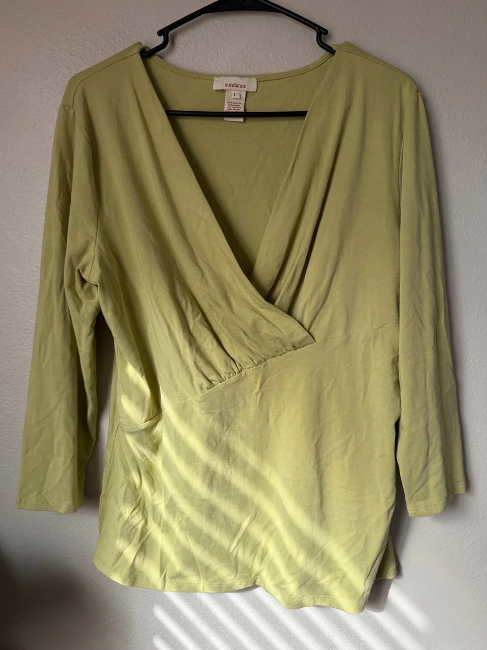 Sundance Cotton Modal Surplice Wrap Top Lime Green Boho 3/4 Sleeve Large Earthy